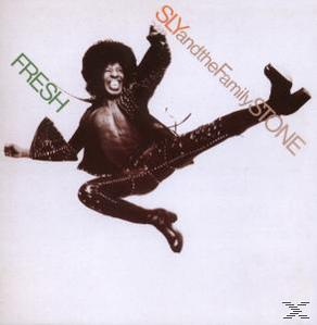 Albumcover mit einem Mann, der sich in der Luft befindet. Text sagt 'Fresh' und 'Sly and the Family Stone'.