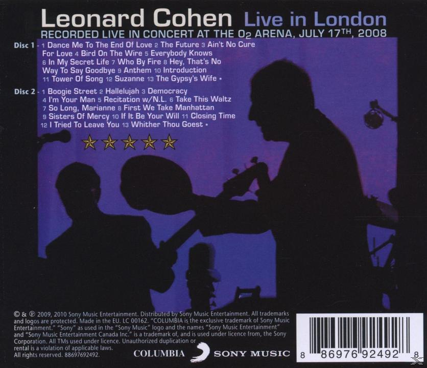 Leonard Cohen 'Live in London' Albumcover. Zeigt Cohen im Schatten beim Gitarrespielen mit Titelliste.