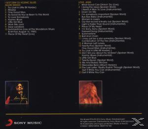 Rückseite einer CD mit Titelliste und Künstlerporträts auf dunklem Hintergrund.