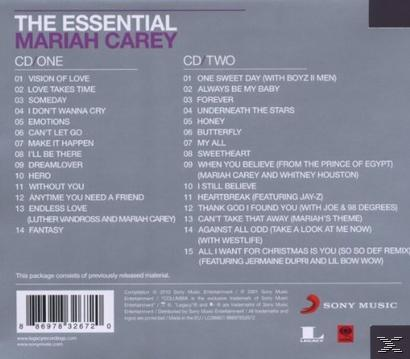 CD-Cover mit Titellisten für Mariah Careys Album 'The Essential', CD One und CD Two mit Songtiteln.