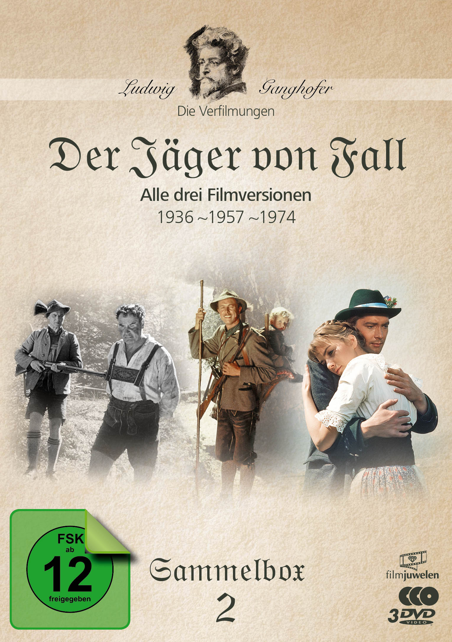 Filmposter: Der Jäger von Fall. Schwarz-Weiß-Fotos von Schauspielern, ein grünes Logo und Text auf beigem Hintergrund.
