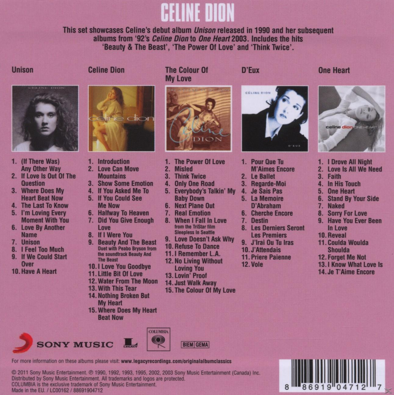 CD-borító Celine Dion albumaival, dallasztákkal és a Sony Music logójával.