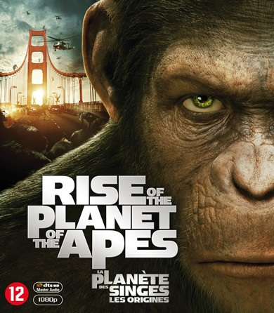Filmposter van 'Rise of the Planet of the Apes'. Een close-up van een apengezicht met een stad op de achtergrond.