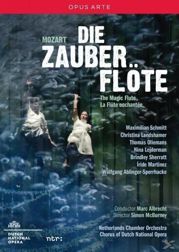 DVD-Cover von Mozarts Die Zauberflöte. Zwei Figuren in einer Waldszene, mit Textüberlagerung.