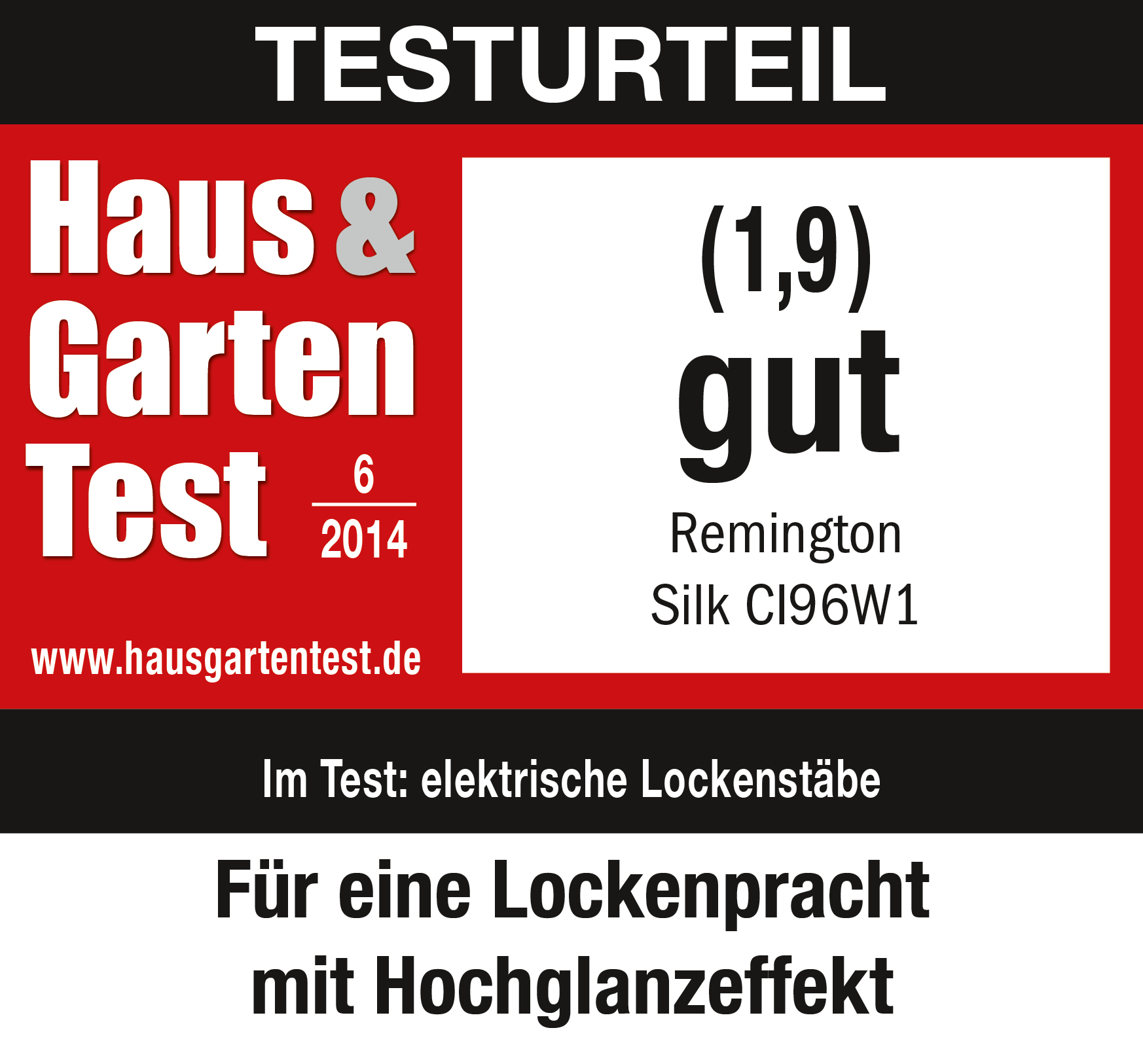 Testergebnis für einen Remington Lockenstab, mit der Note gut. Text: Haus & Garten Test.