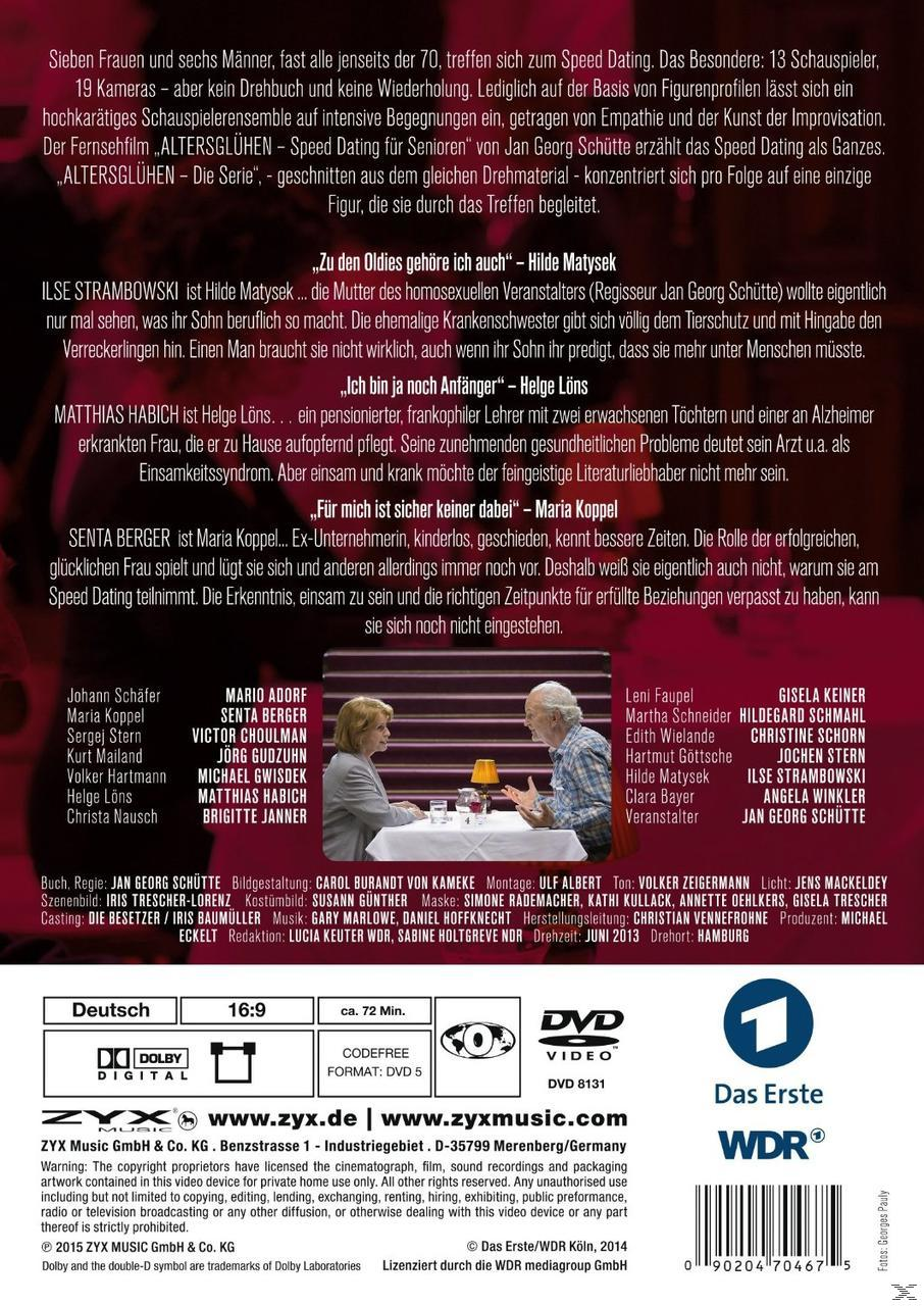 DVD-Cover: Zwei Personen unterhalten sich, Text und Namen der Darsteller. Der Titel lautet Altersglühen.