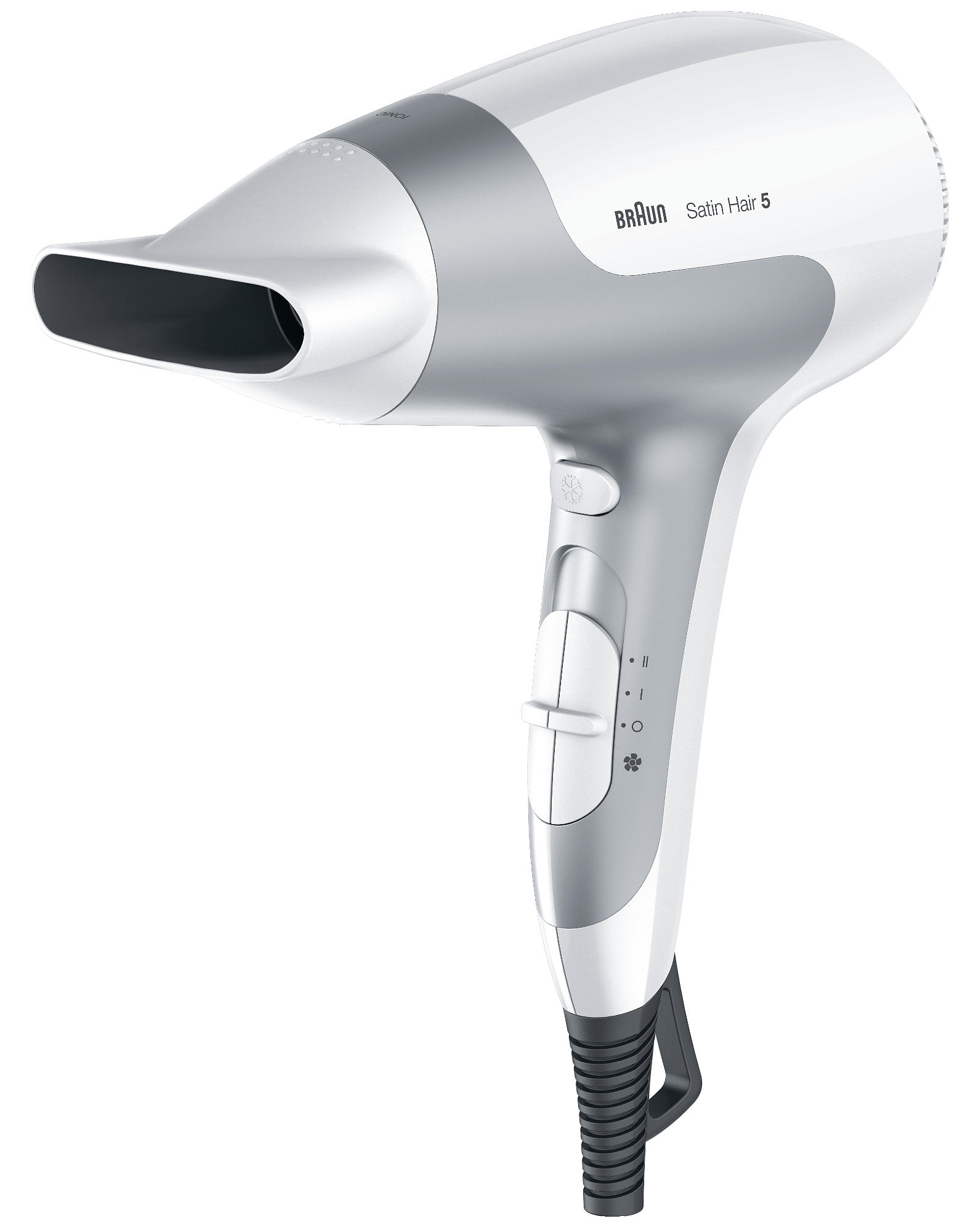 Biała i srebrna suszarka do włosów Braun z przyciskami i czarnym przewodem, widok z boku.