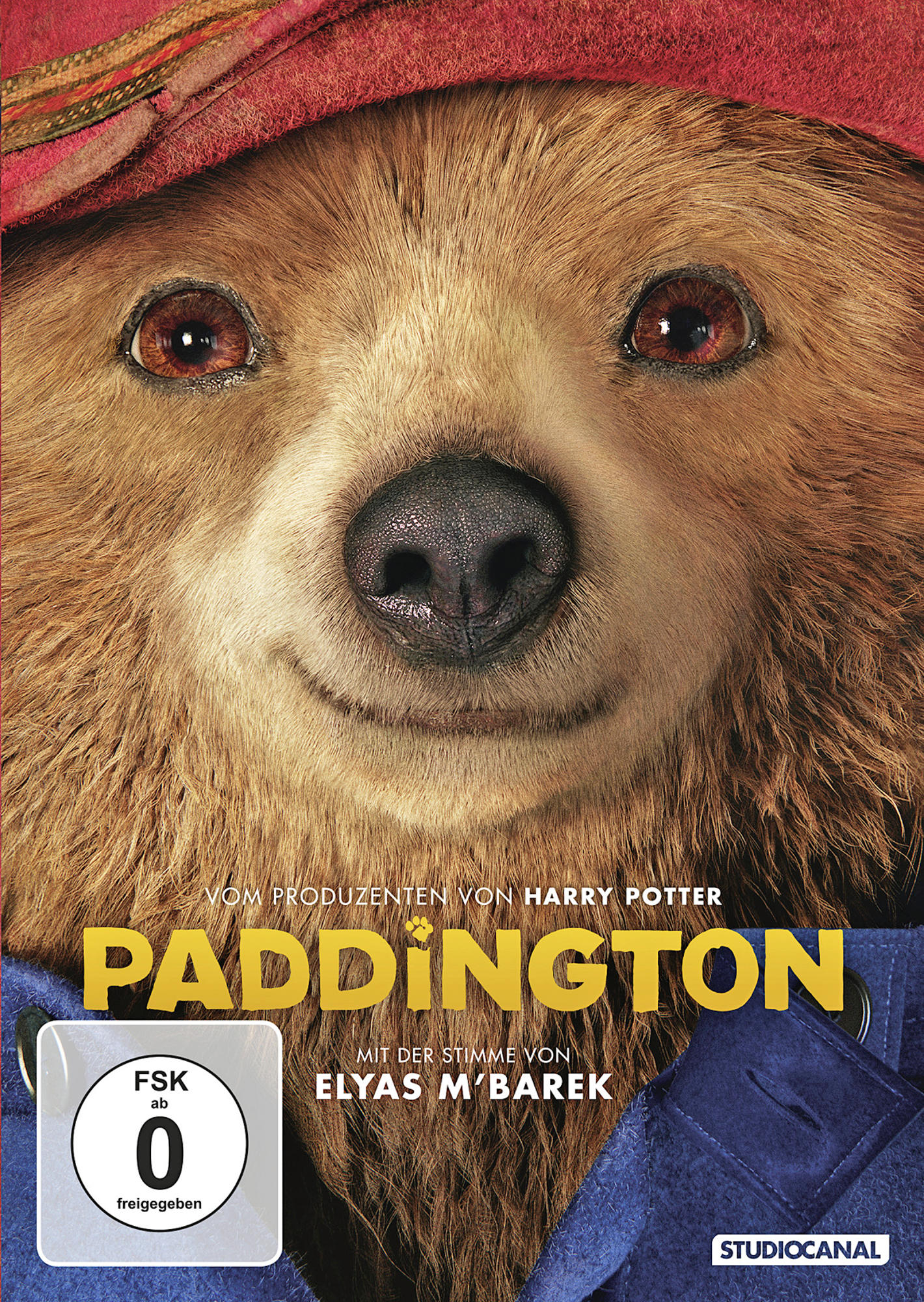 Paddington-Filmcover: Bärengesicht mit rotem Hut, blauem Mantel und Text.