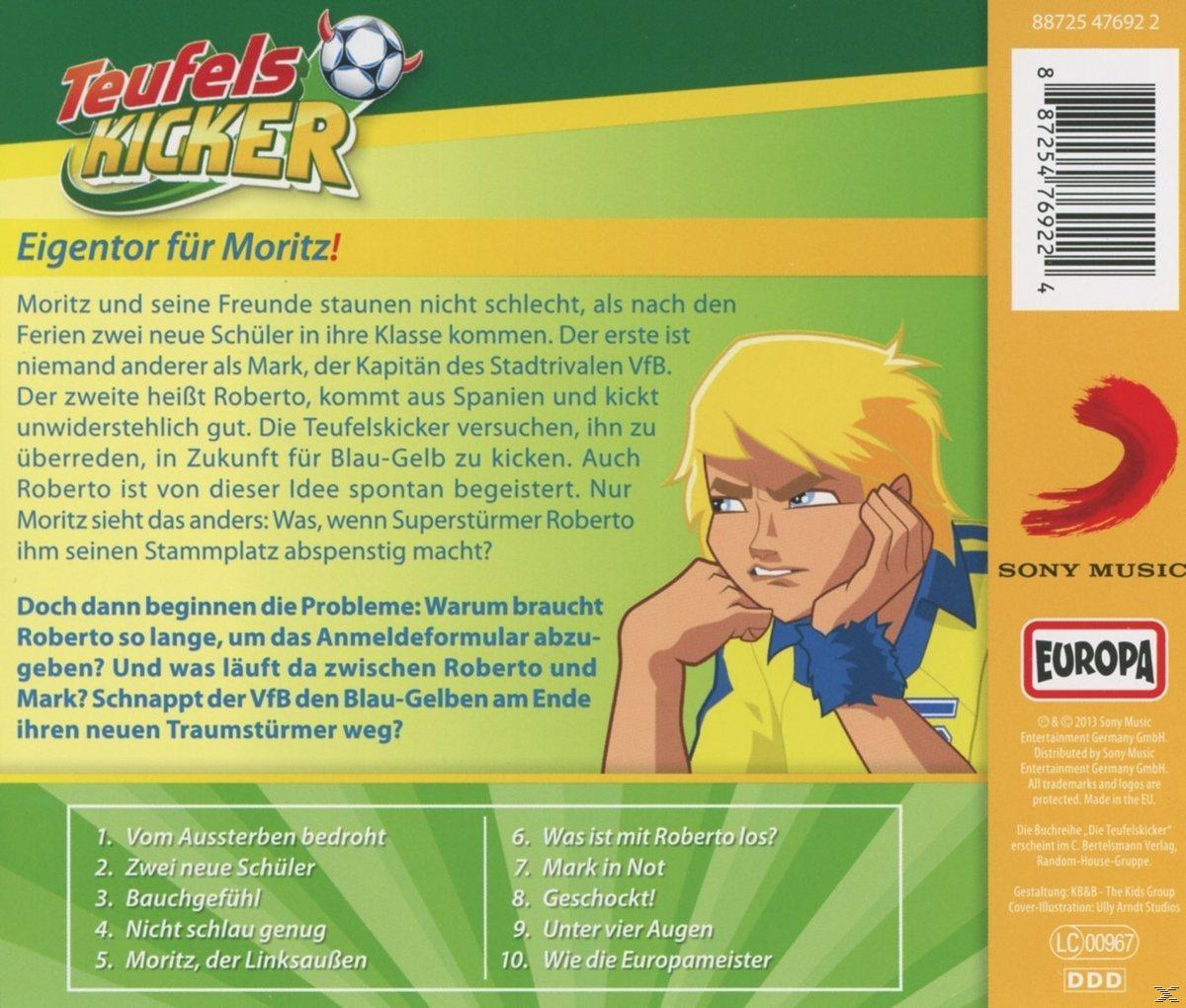 Cartoonbild von 'Teufels Kicker' mit Sprechblasen und Charakterillustrationen.