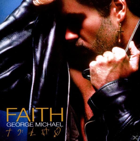 Pochette d'album avec le visage de George Michael, texte 'FAITH' et symboles. Il porte une veste en cuir.