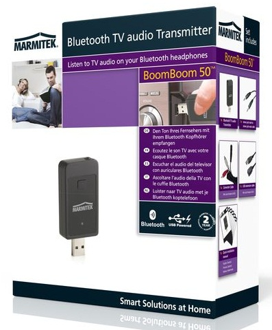Productfoto van een Marmitek Bluetooth tv-audiozender. Verpakking bevat tekst en afbeeldingen van het product.