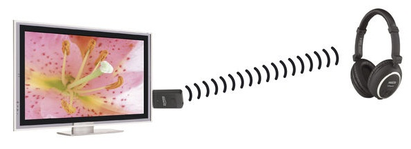Tv-scherm met bloem, zender stuurt geluidsgolven naar hoofdtelefoon.