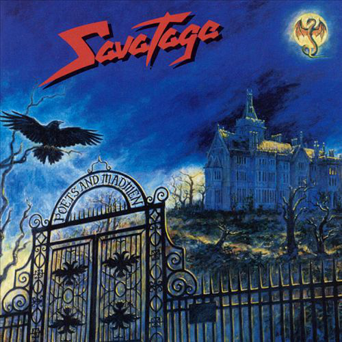 A Savatage 'Poets and Madmen' című albumának borítója. Vár, kapu, sárkány, holló és sötét égbolt.