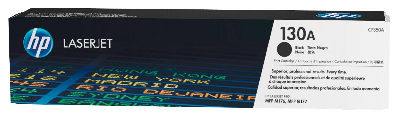 Pudełko z wkładem do drukarki HP LaserJet 130A. Czarne pudełko z białym tekstem i logo HP.