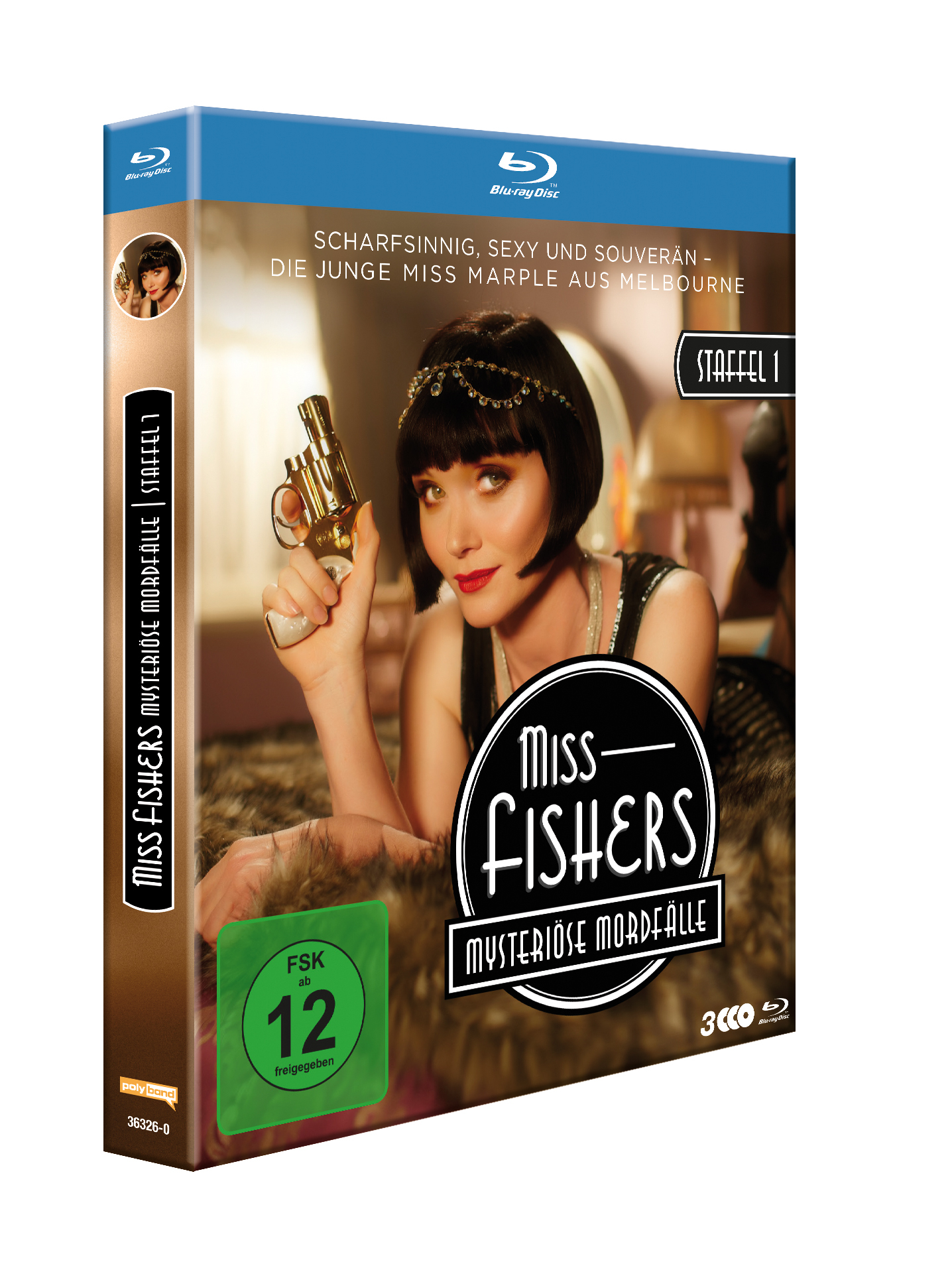 Blu-ray-Box-Set. Frau hält eine Pistole. Titel: Miss Fishers mysteriöse Mordfälle.