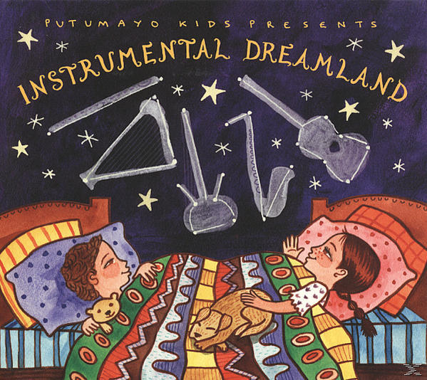 Album borító, Instrumental Dreamland. Két gyerek az ágyban, a hangszer a csillagos égbolton. Egy kutya az ágyban.