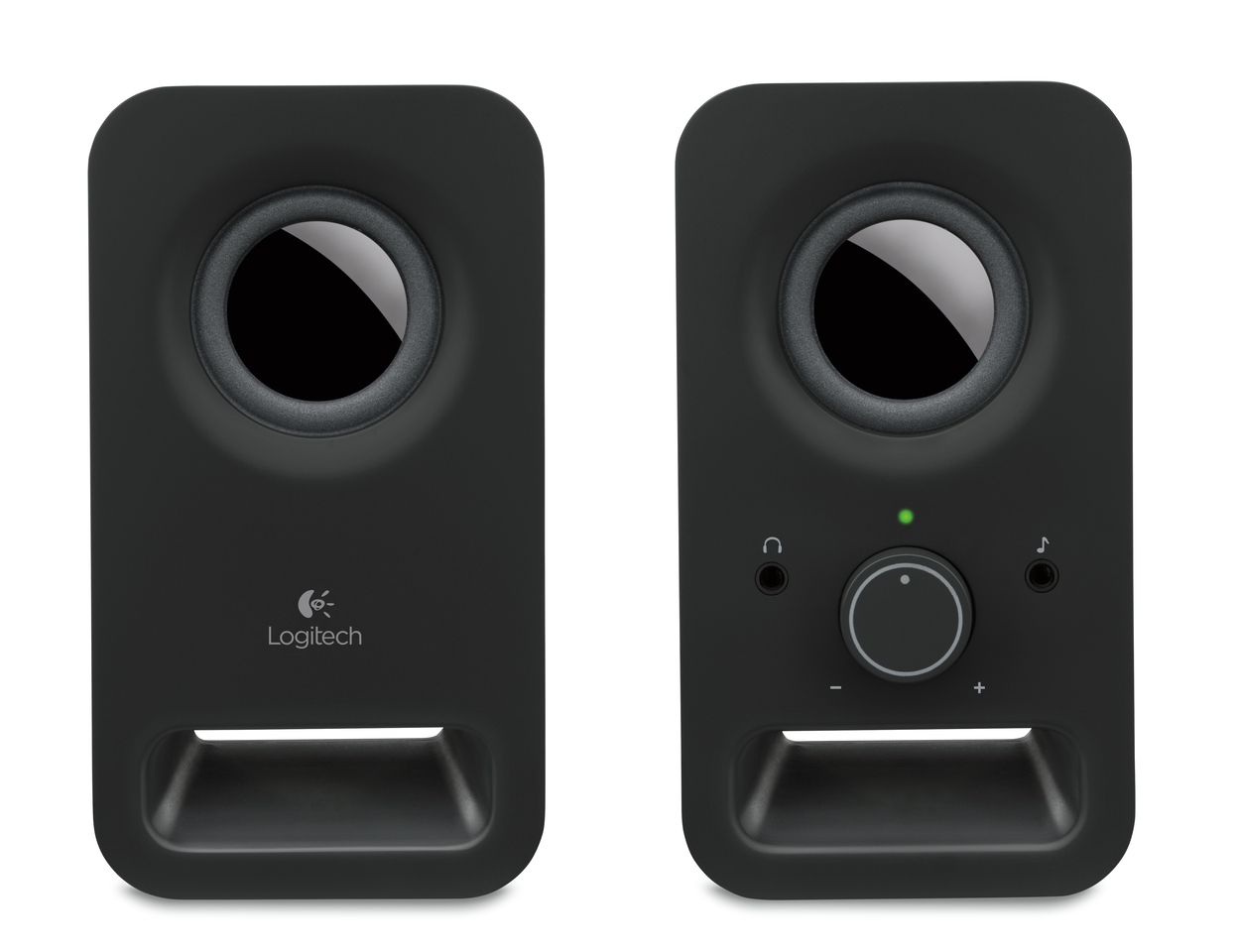 Twee zwarte Logitech-luidsprekers. Eén met volumeregeling en aan/uit-knop.