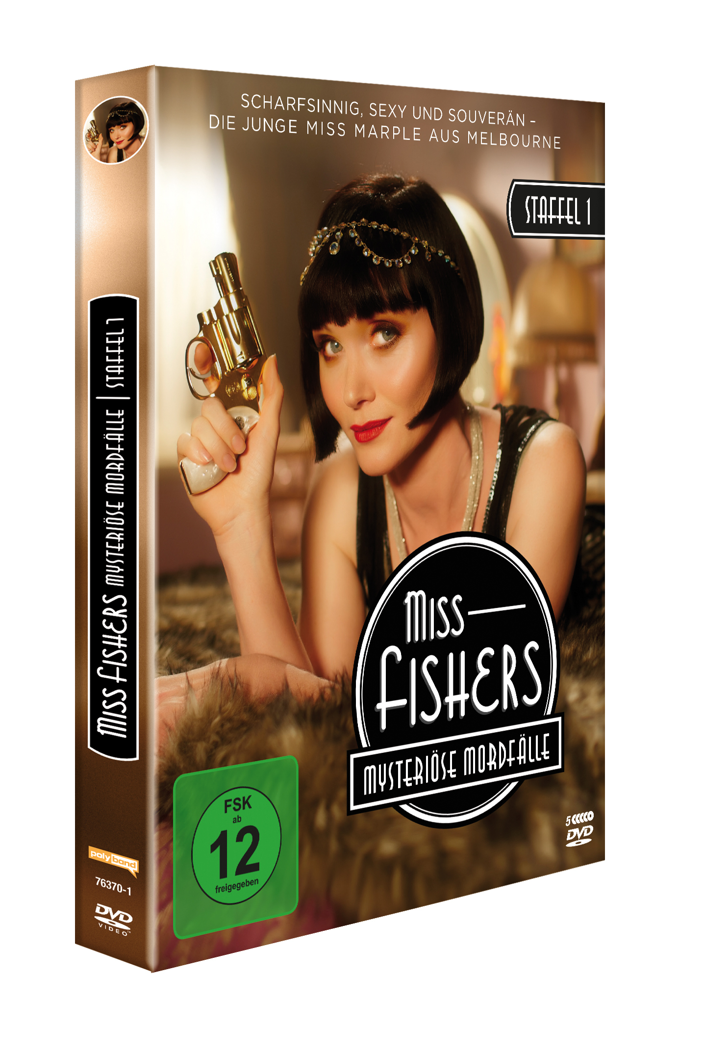DVD-Cover von Miss Fisher's Murder Mysteries. Eine Frau mit einer Waffe ist auf dem Cover.