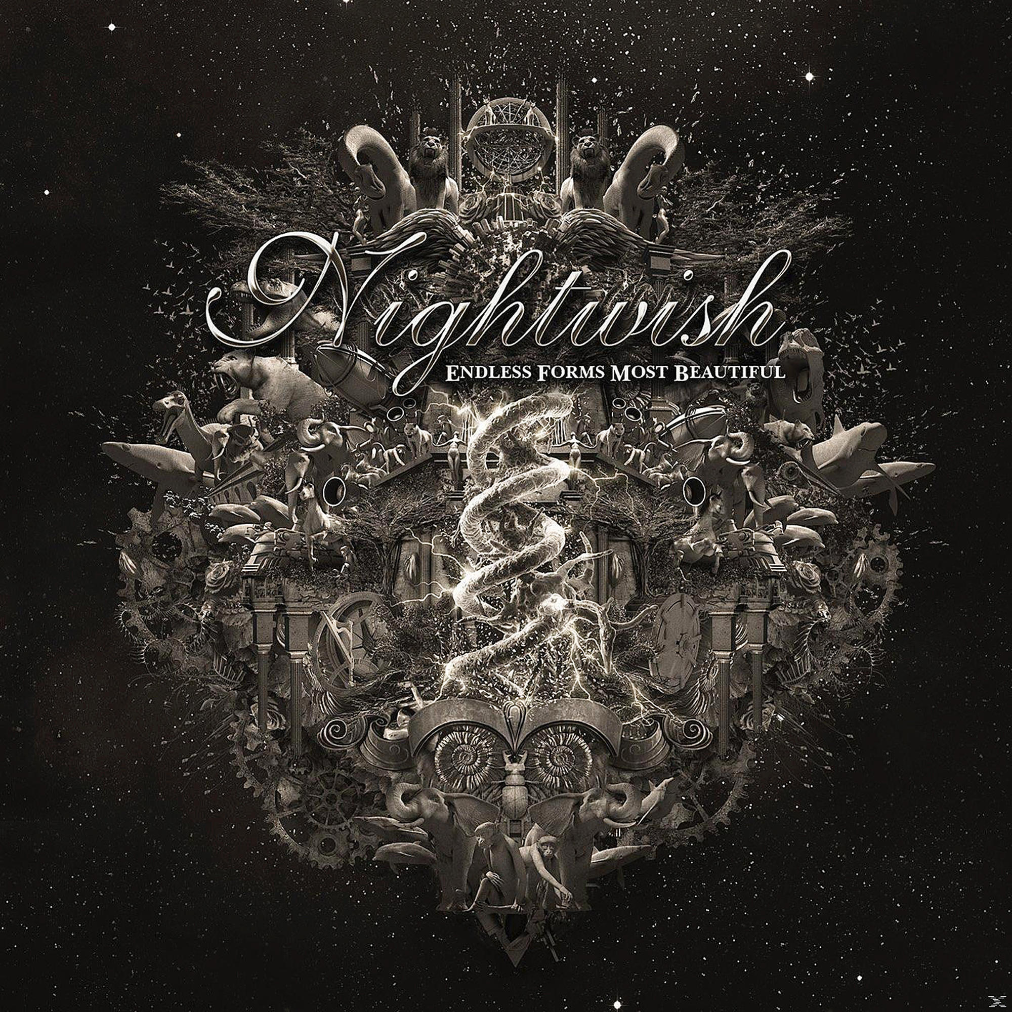 Albumcover mit dem Bandnamen Nightwish und dem Titel Endless Forms Most Beautiful, in Sepia-Tönen.