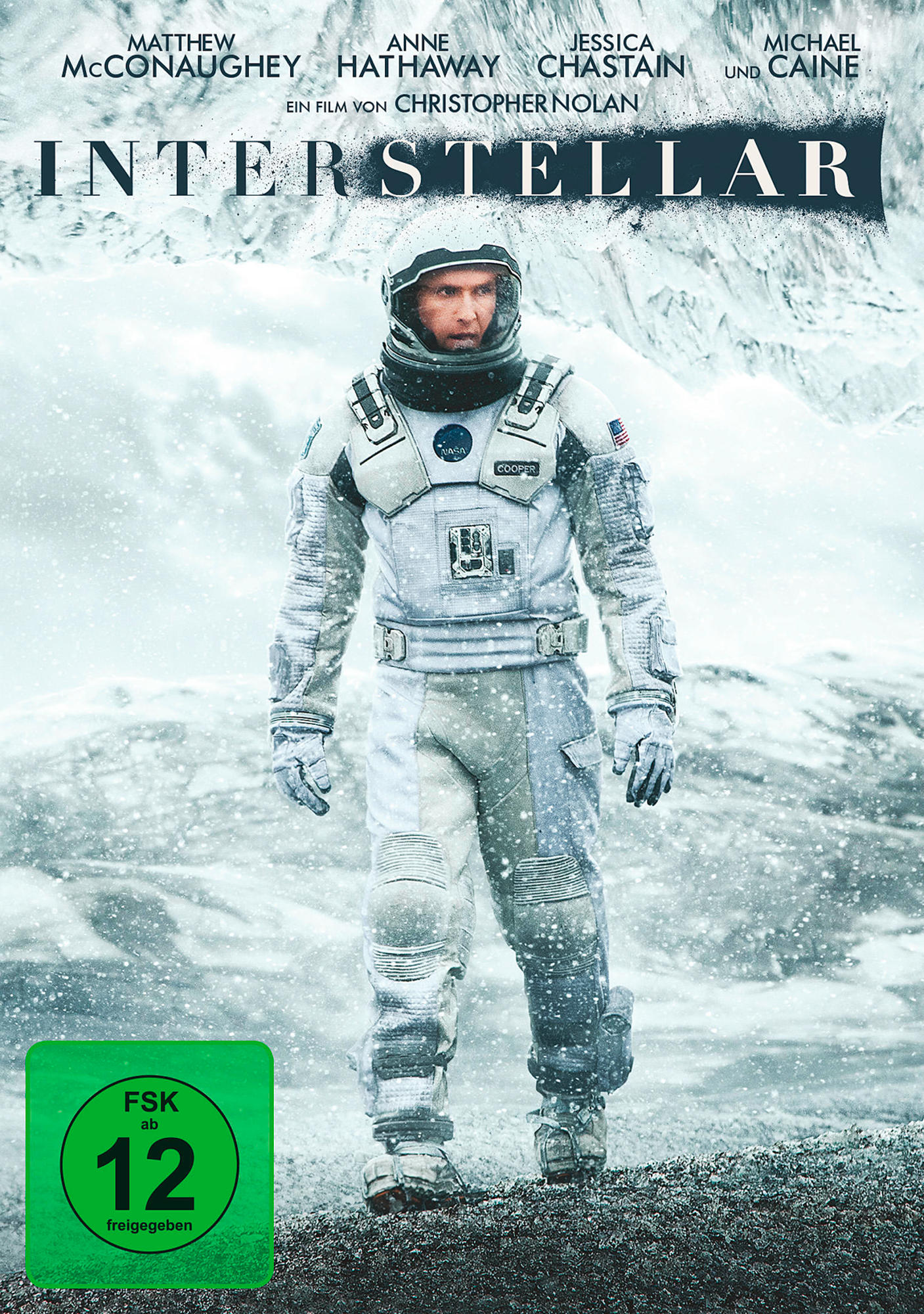 Filmposter für Interstellar. Ein Astronaut in einem Raumanzug steht auf einer schneebedeckten Planetenoberfläche.