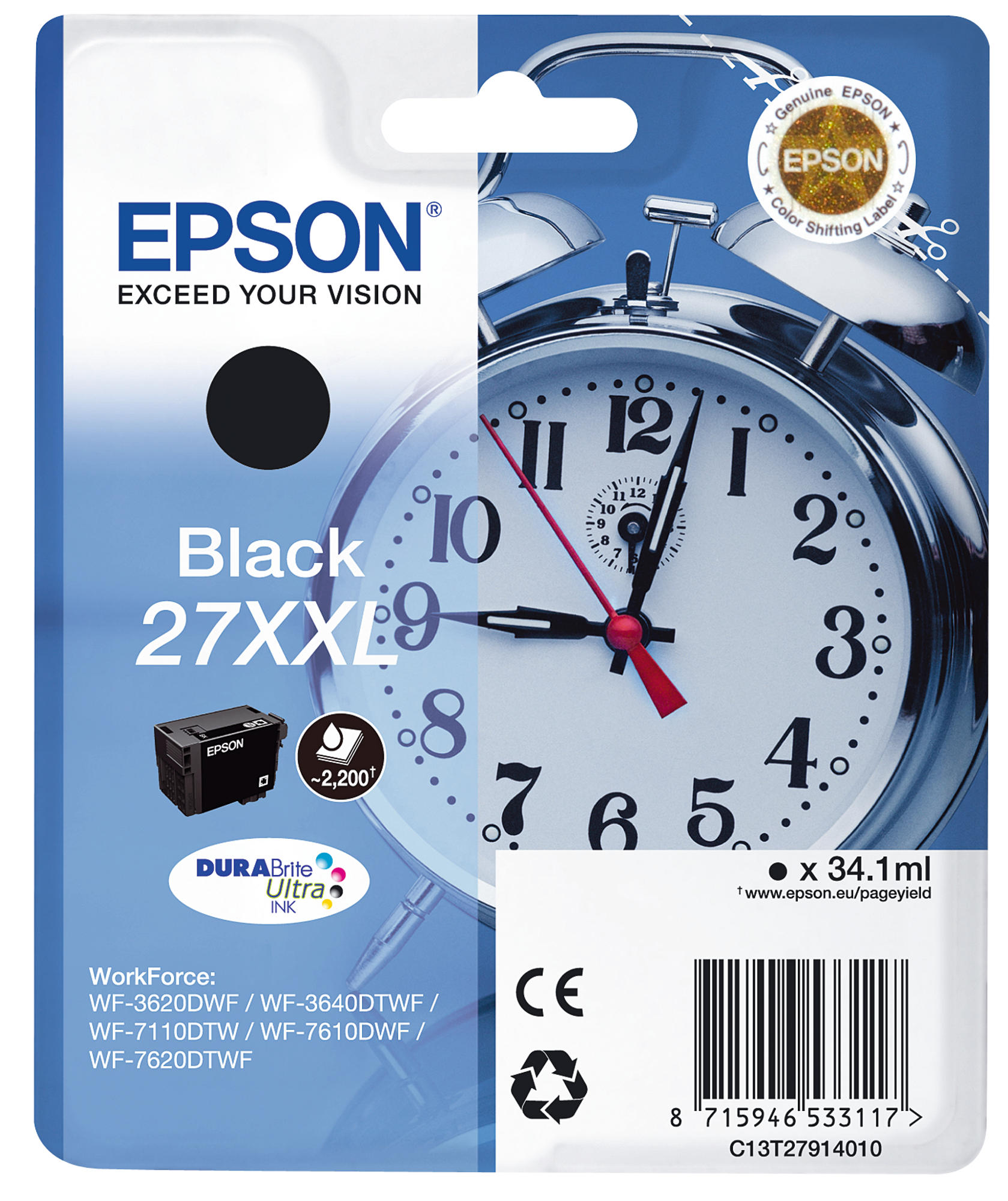 Confezione della cartuccia d'inchiostro Epson. Una cartuccia d'inchiostro nera e un'illustrazione di orologio.