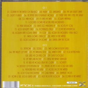 Album-Rückseite, gelber Hintergrund. Text über Songs und die Band. CD1- und CD2-Listen.