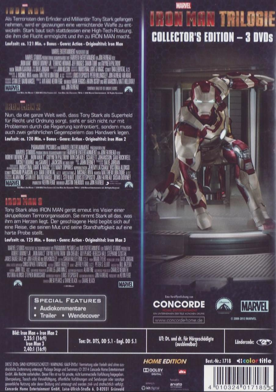 Film-DVD-Hülle: Iron Man Trilogie. Zeigt Iron Man im Anzug, Text und Logos.