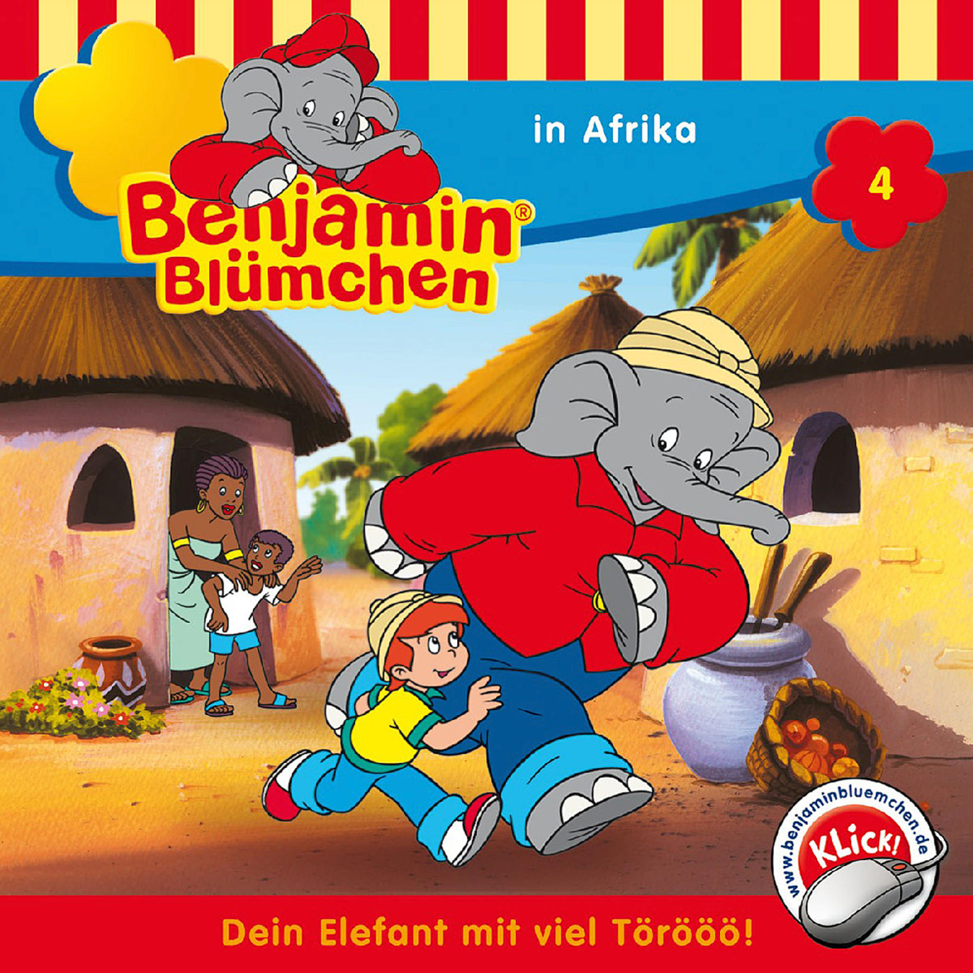 Cover eines Kinderbuchs. Ein Elefant und ein Junge gehen, mit Cartoon-Gebäuden.