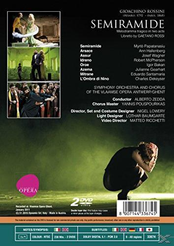 Rückseite einer DVD-Hülle für die Oper Semiramide, mit Bildern der Aufführung und Credits.