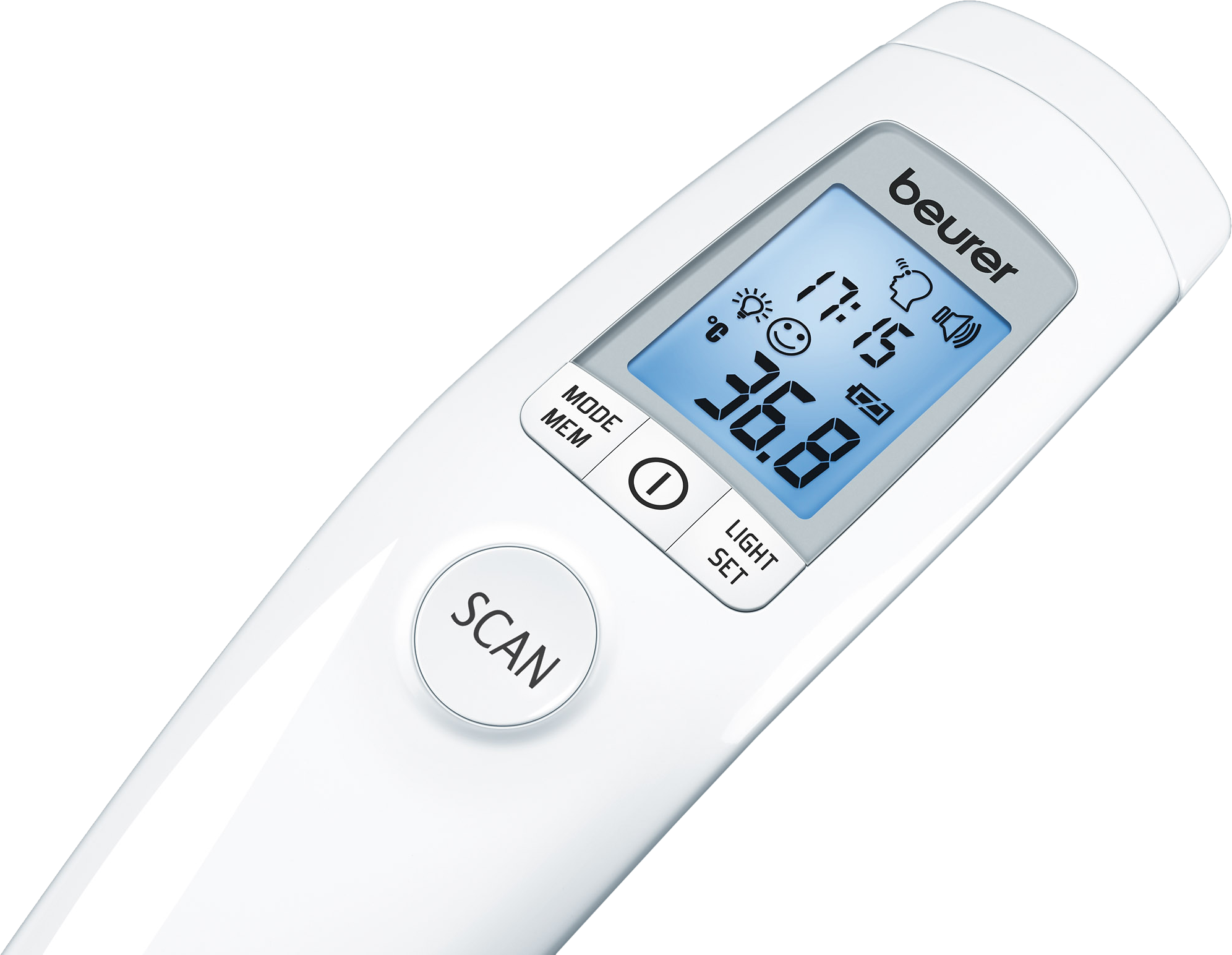 Fehér digitális hőmérő 36,8 Celsius fokot mutat, az idő 17:15. Beurer márka.