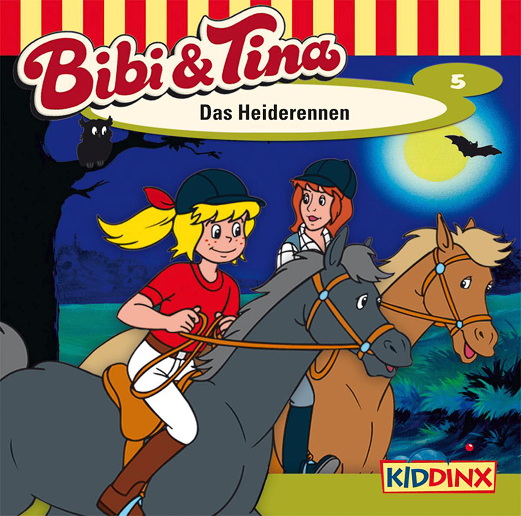 Cartoon-Bild von Bibi & Tina auf dem Pferderücken. Eine Fledermaus und eine Eule sind in der Nähe.