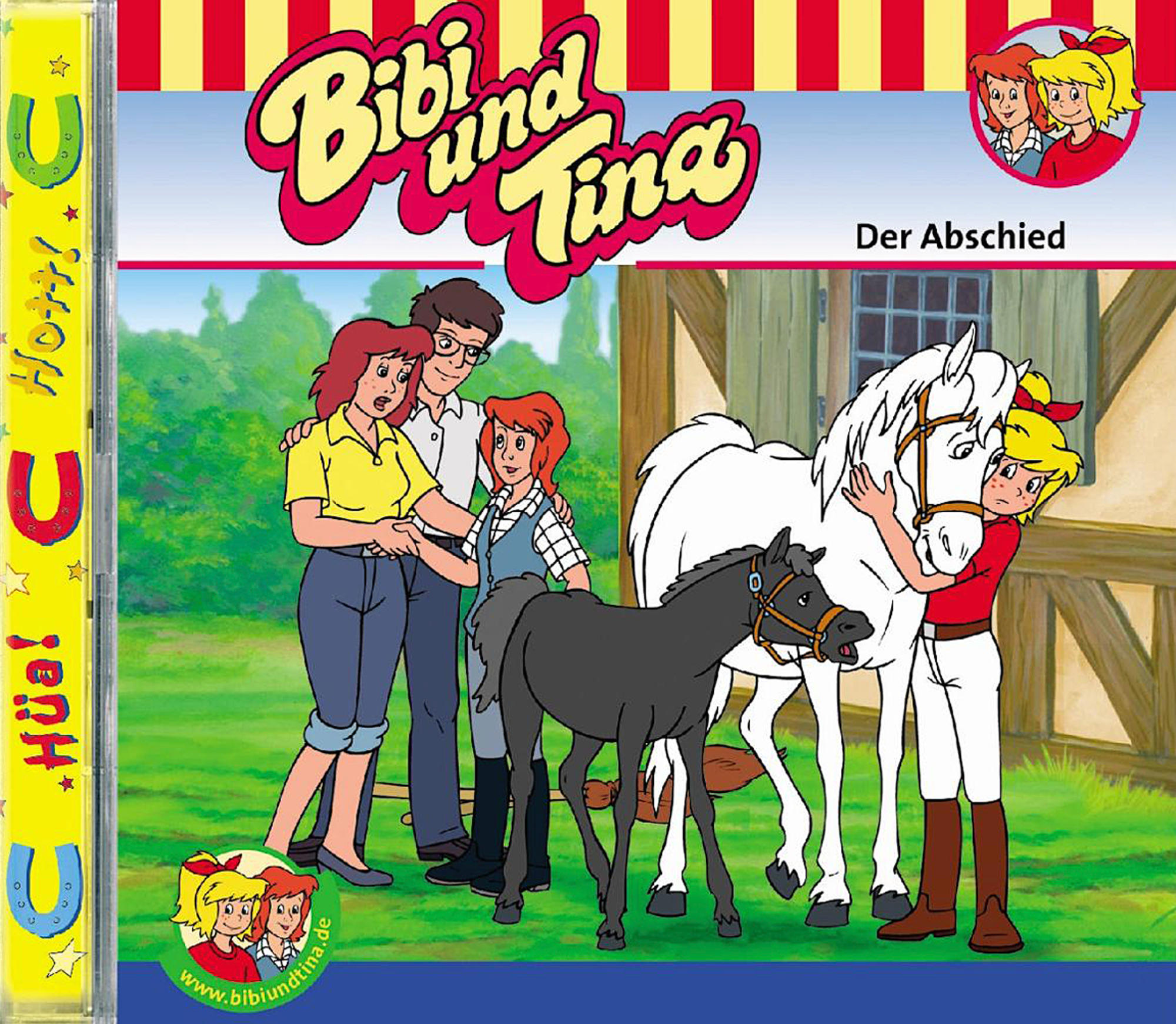 Cartoon-Cover von 'Bibi und Tina' mit Figuren, einem weißen Pferd und einem schwarzen Pony.