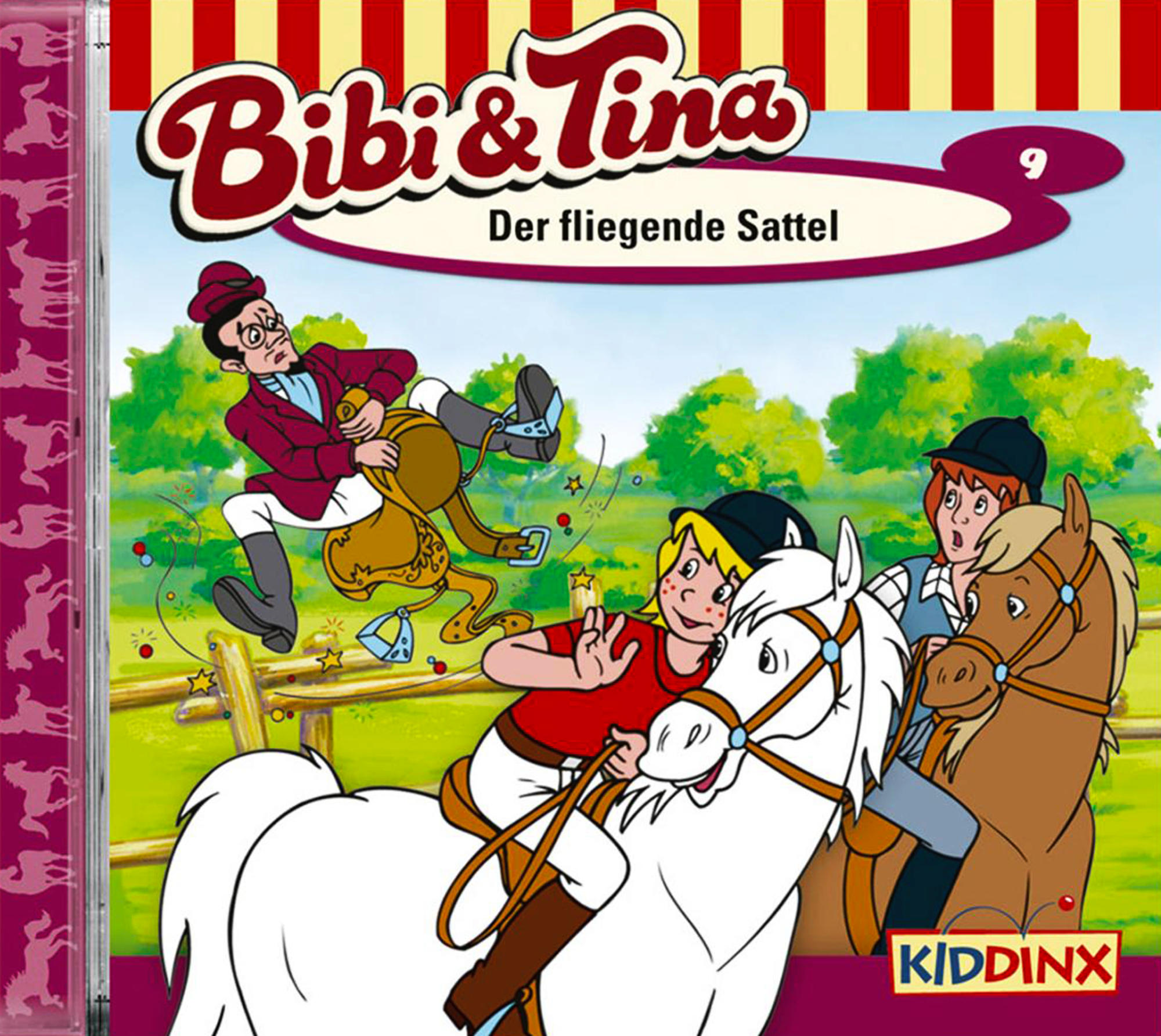 CD-Cover mit Cartoon-Pferden und Figuren, die reiten, mit dem Titel "Bibi & Tina".