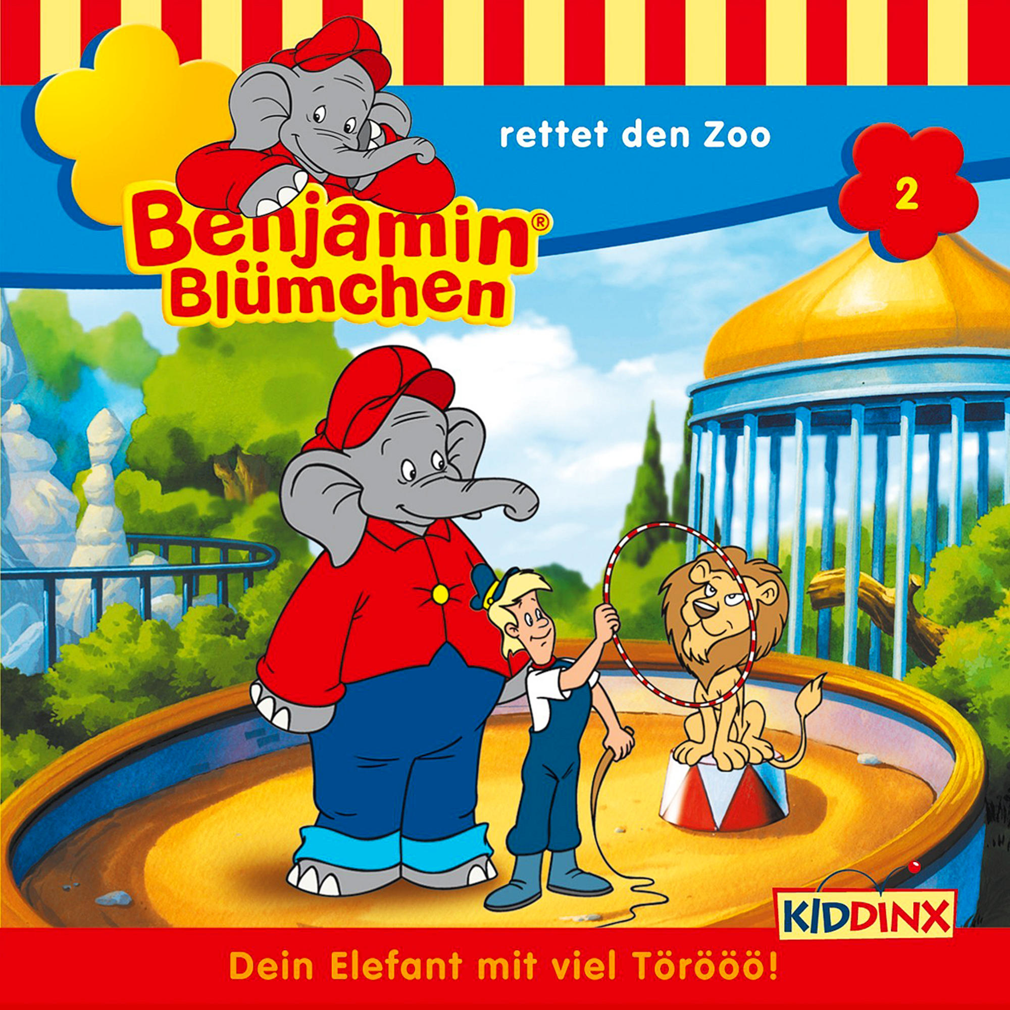 Benjamin Blümchen Buchcover: Elefant und Junge mit Löwen, Zirkuszelt Hintergrund.