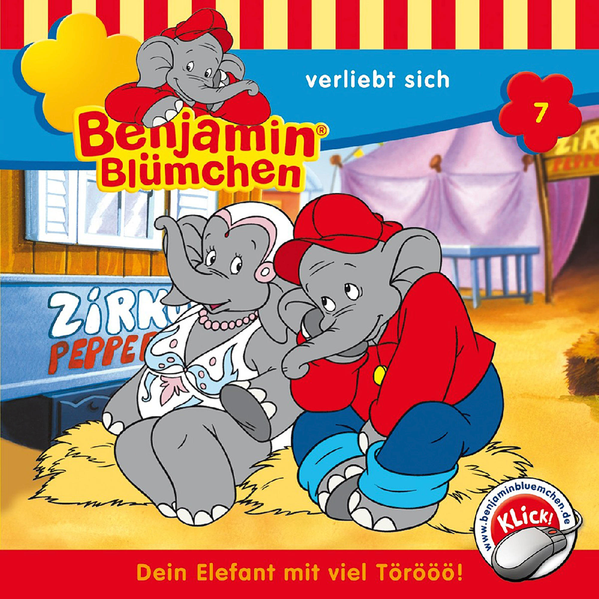 Illustration von zwei Elefanten aus einem Kinderbuch. Text: Benjamin Blümchen, Zirkus und anderer deutscher Text.