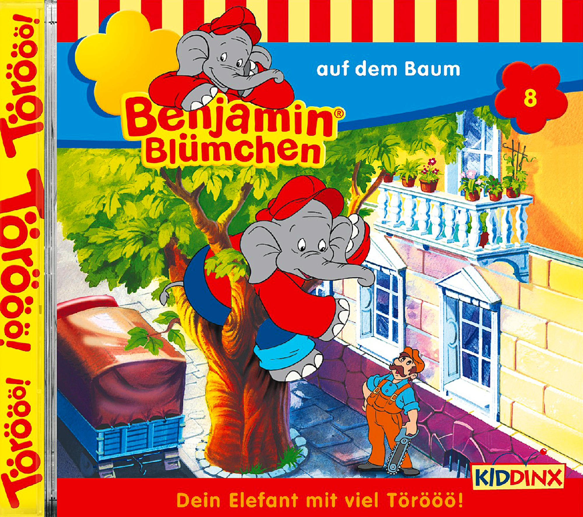 Benjamin Blümchen CD-Cover mit Elefant auf Baum, Mann und LKW im Cartoonstil.