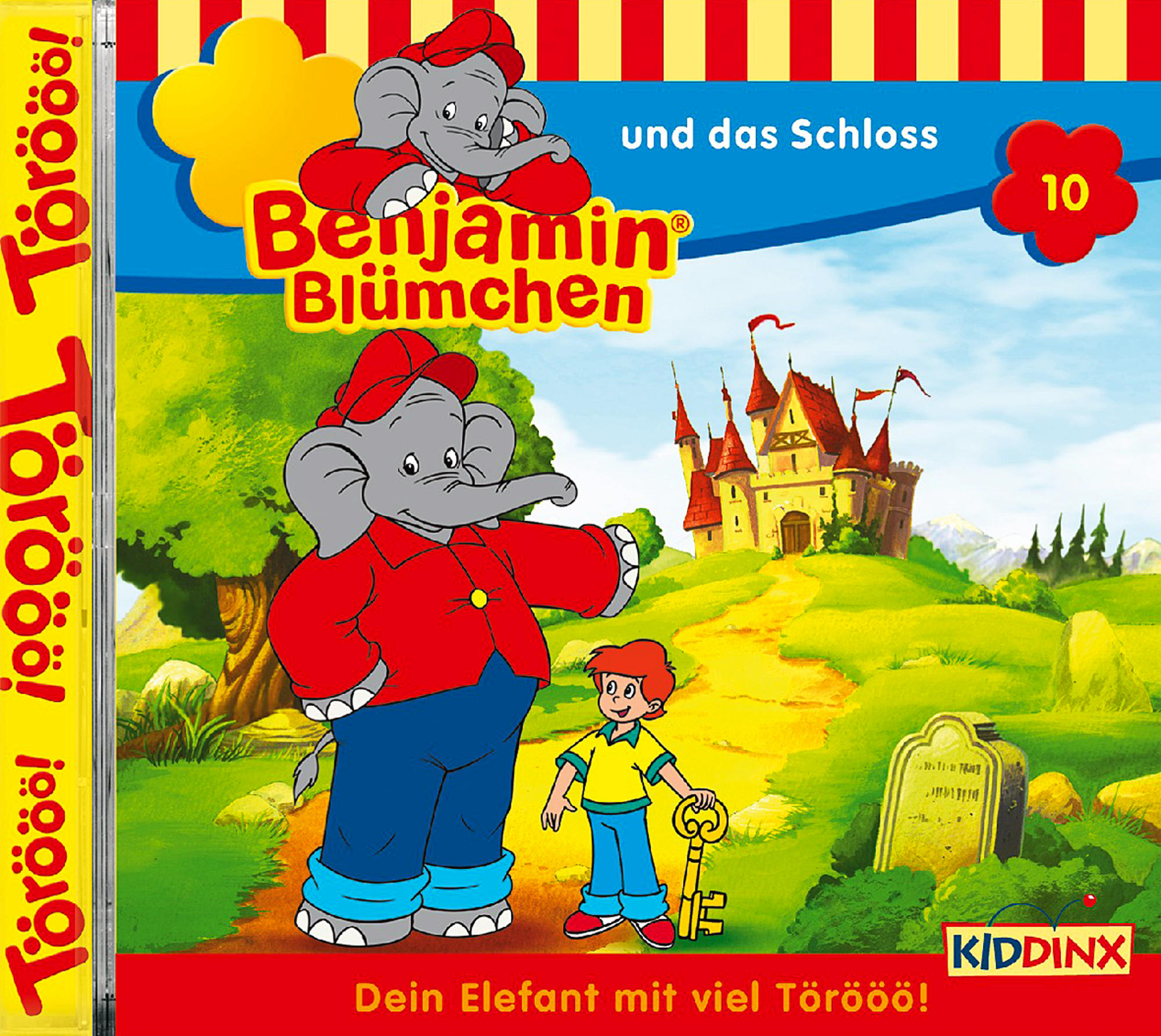 Kinderbuchcover. Benjamin Blümchen, ein Elefant, mit einem Jungen vor einem Schloss.
