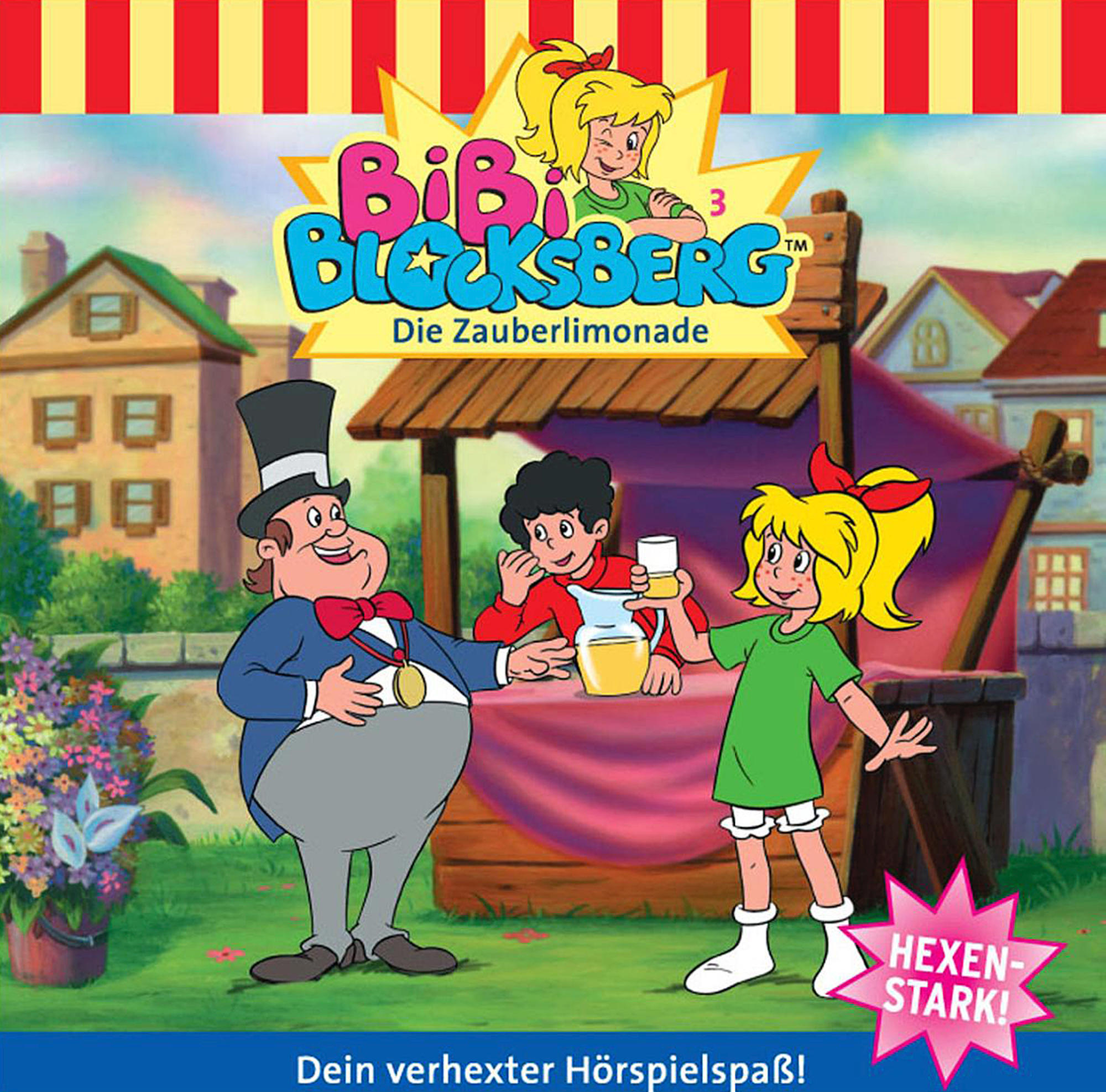 Cartoon-Cover. Ein Mann mit Zylinder und ein Mädchen mit blonden Haaren. Andere Charaktere und Text.