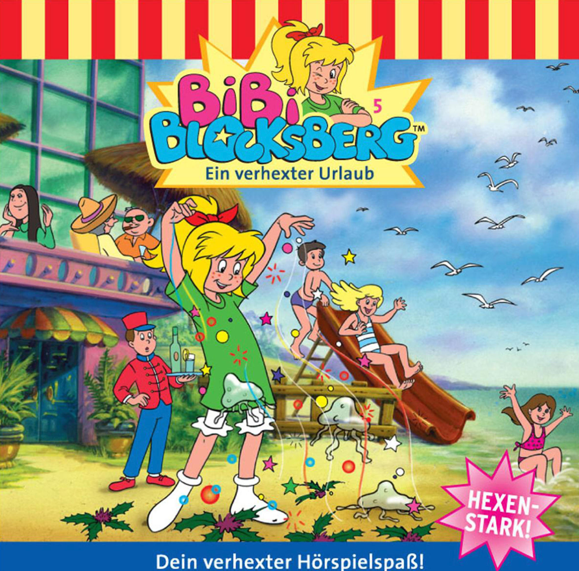 Cover des Bibi Blocksberg-Cartoons. Ein Mädchen in einem grünen Kleid steht im Zentrum mit anderen Zeichentrickfiguren.