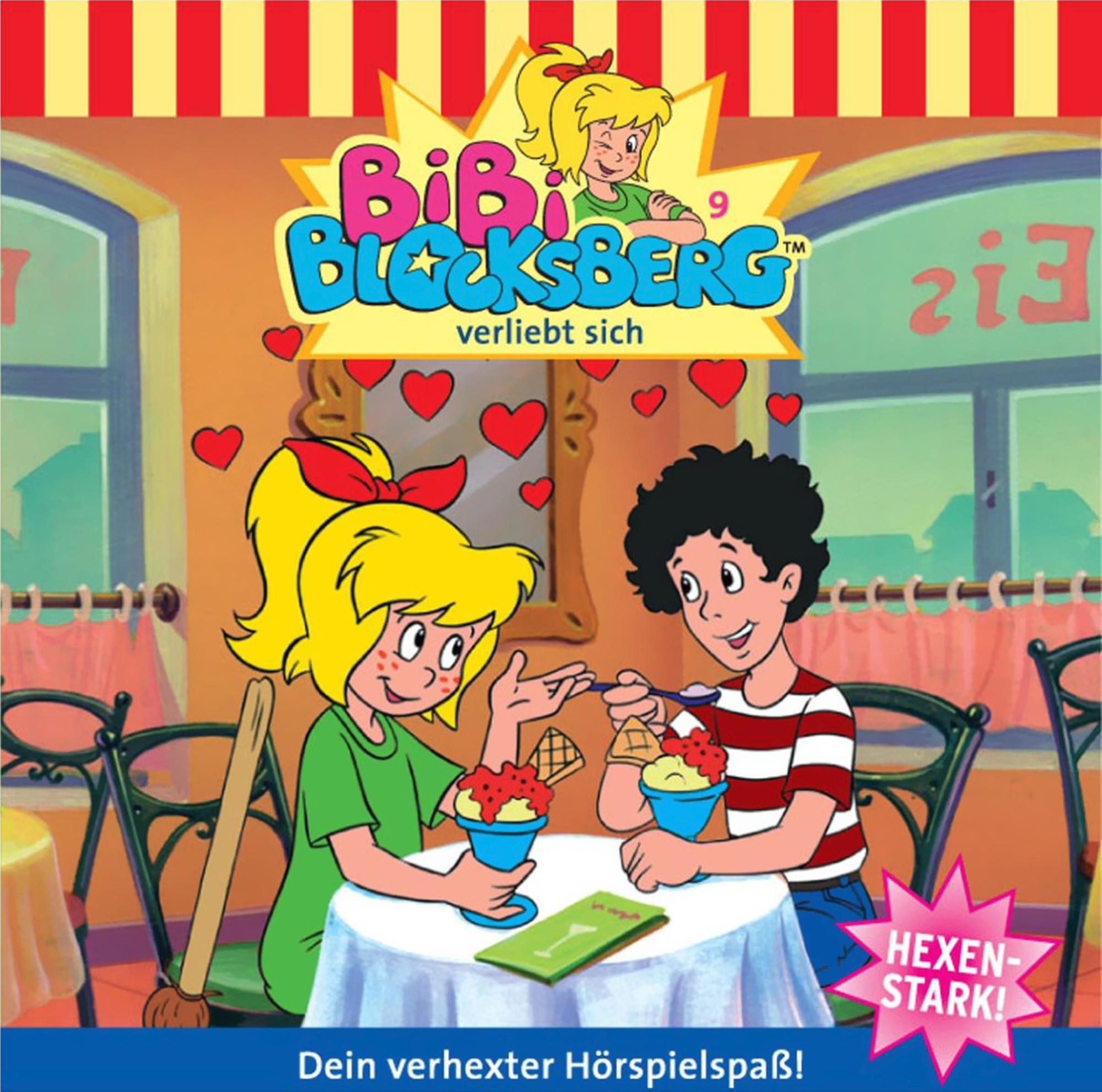 Cartoon-Bild aus der Bibi Blocksberg-Serie, mit zwei Kindern, die Eis teilen.