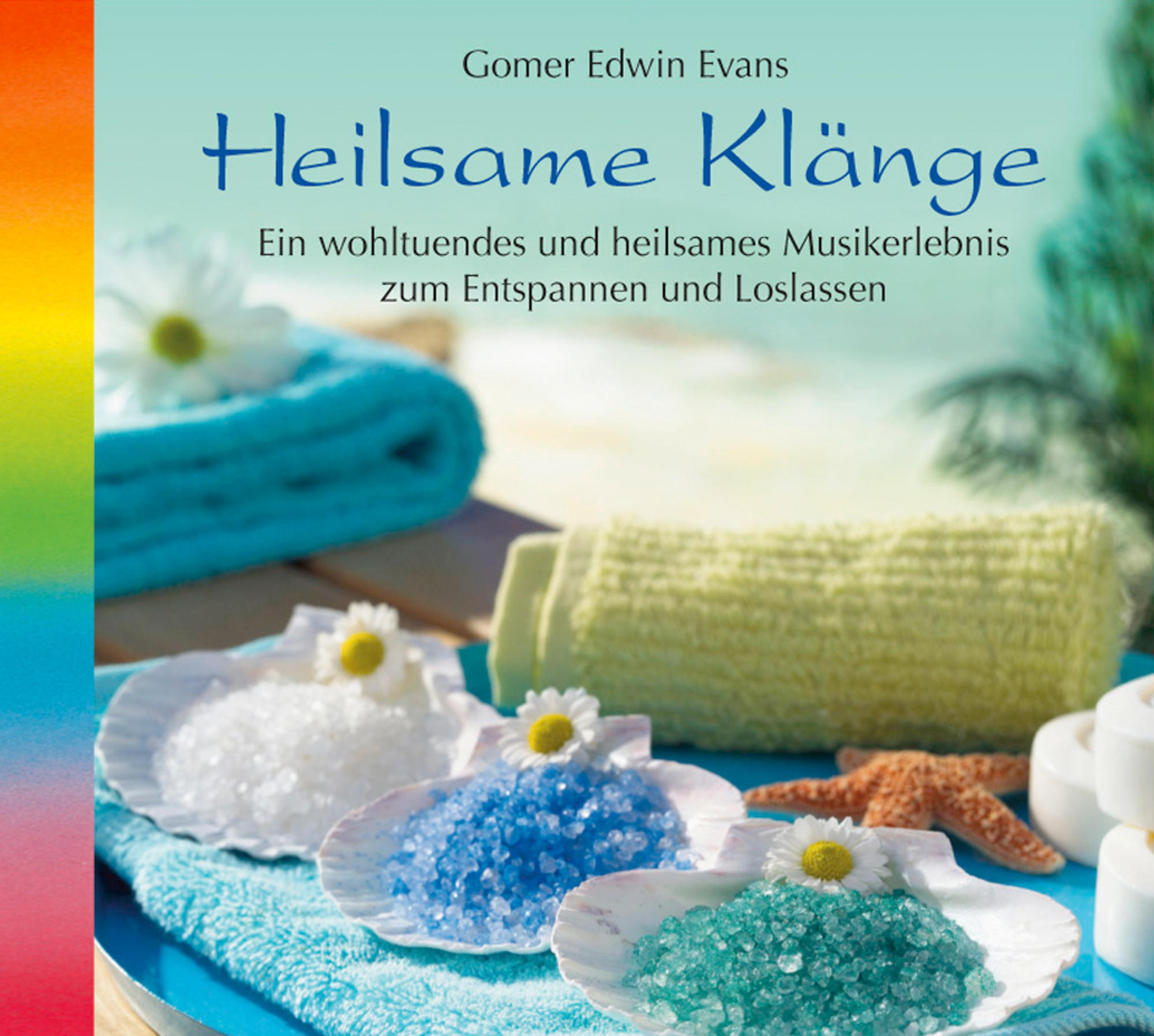 Albumcover. Blauer Himmel und Wasser. Muscheln mit Salz und Blumen. Text: Heilsame Klänge.