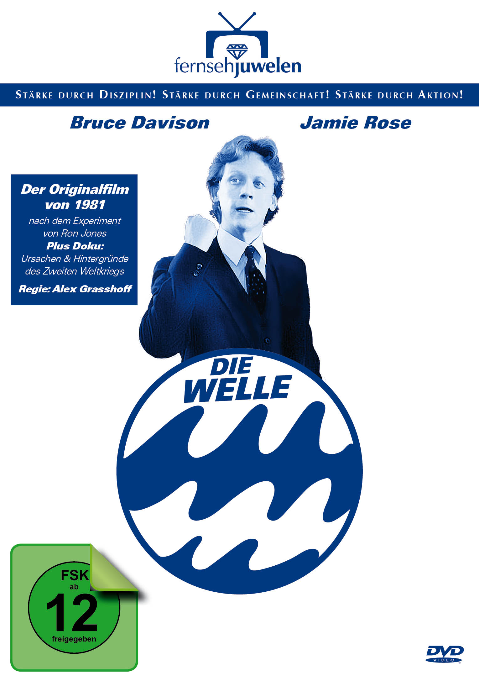 DVD-Cover mit einem Mann im Anzug, der Filmtitel lautet 'Die Welle' in Blau.
