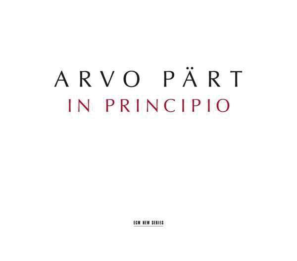 Album borító szöveggel. 'Arvo Pärt' és 'In Principio' fehér háttérre írva.