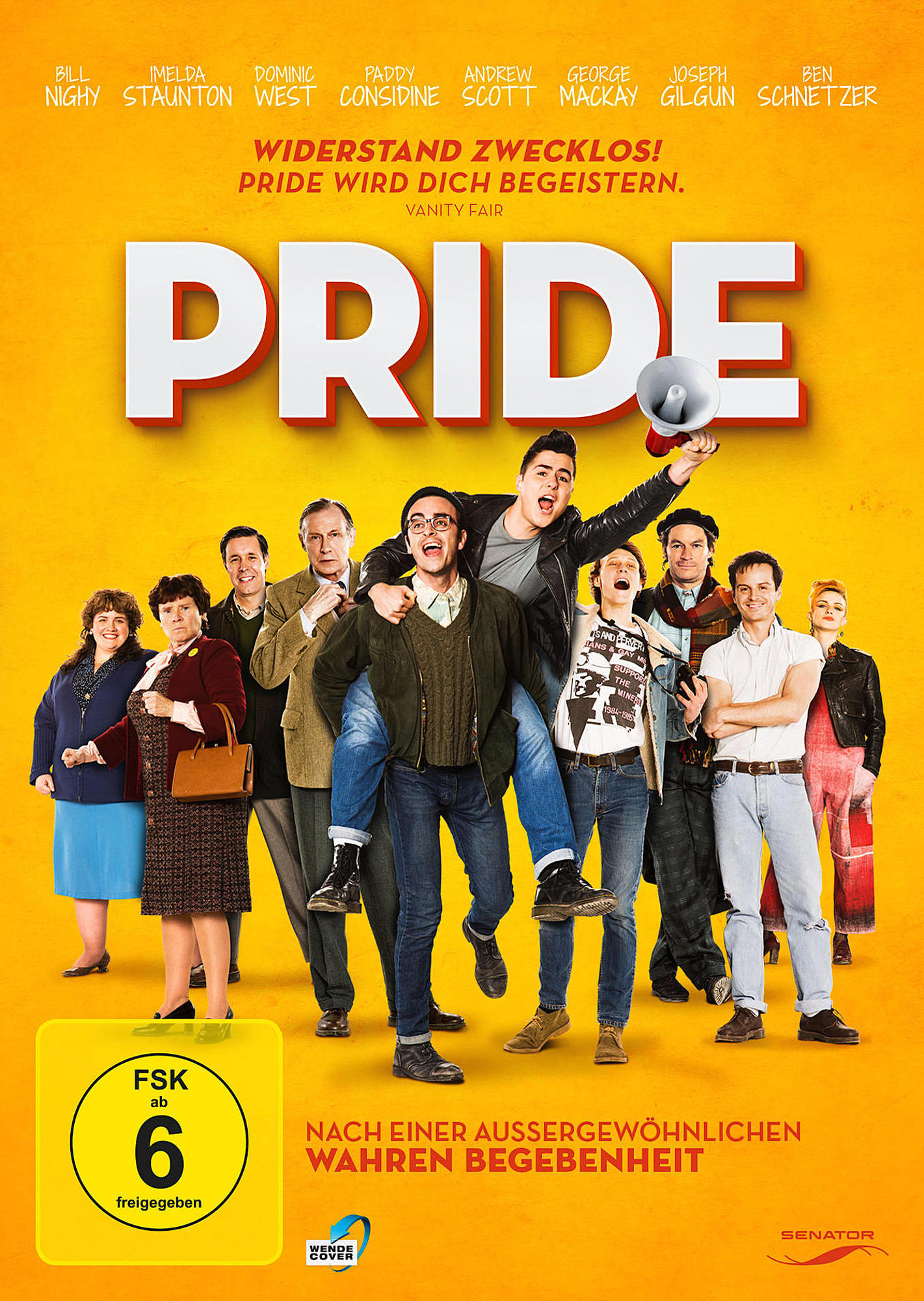Filmposter für 'Pride' mit einer Gruppe von Menschen auf gelbem Hintergrund.