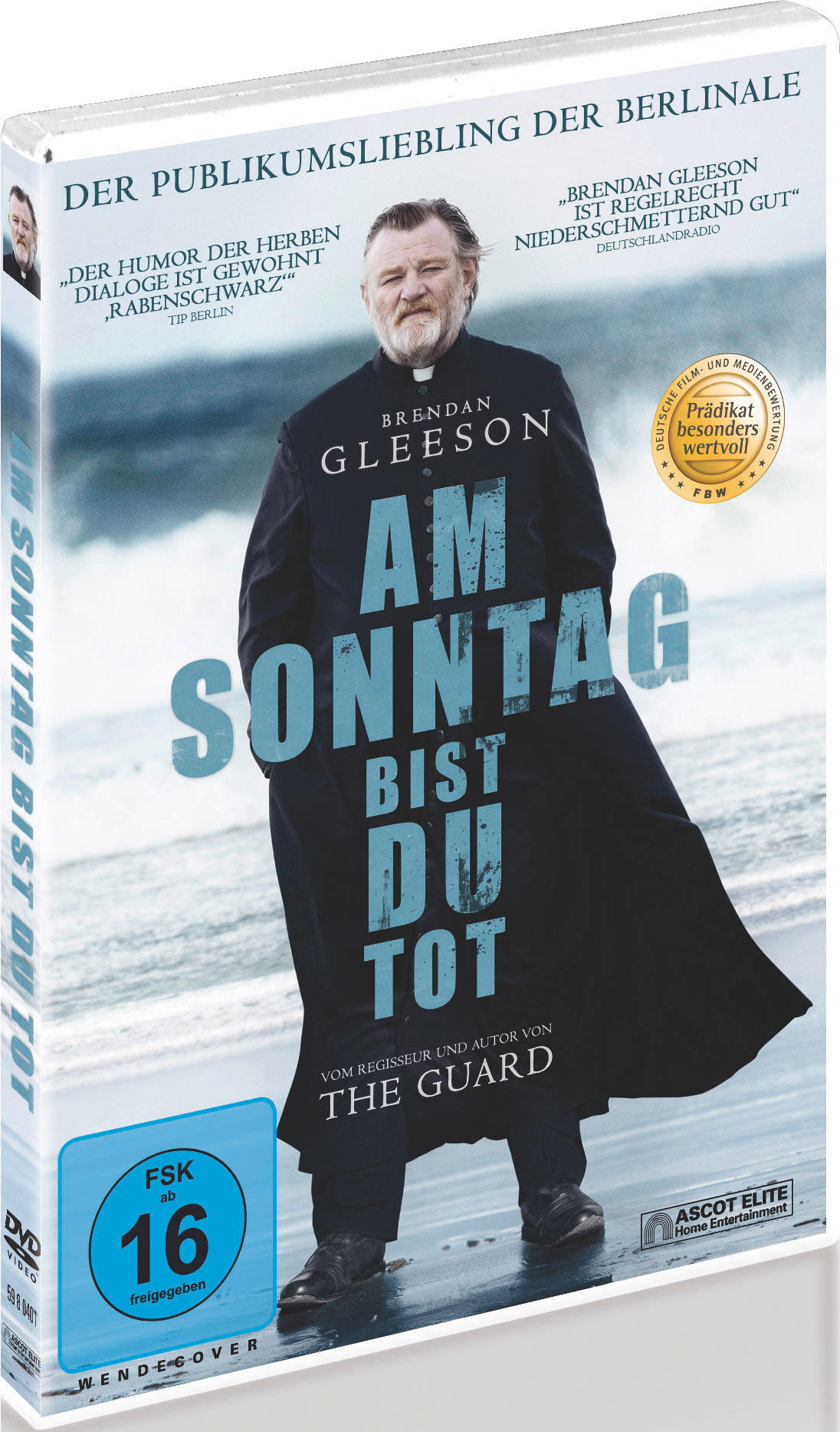 DVD-Cover mit einem Mann in einem Mantel, der an einem Strand steht. Text überlagert mit 'Am Sonntag bist du tot'.