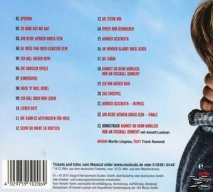 Musical-CD-Cover mit Text und Credits. Auf der rechten Seite ein Teil des Kopfes einer Person.