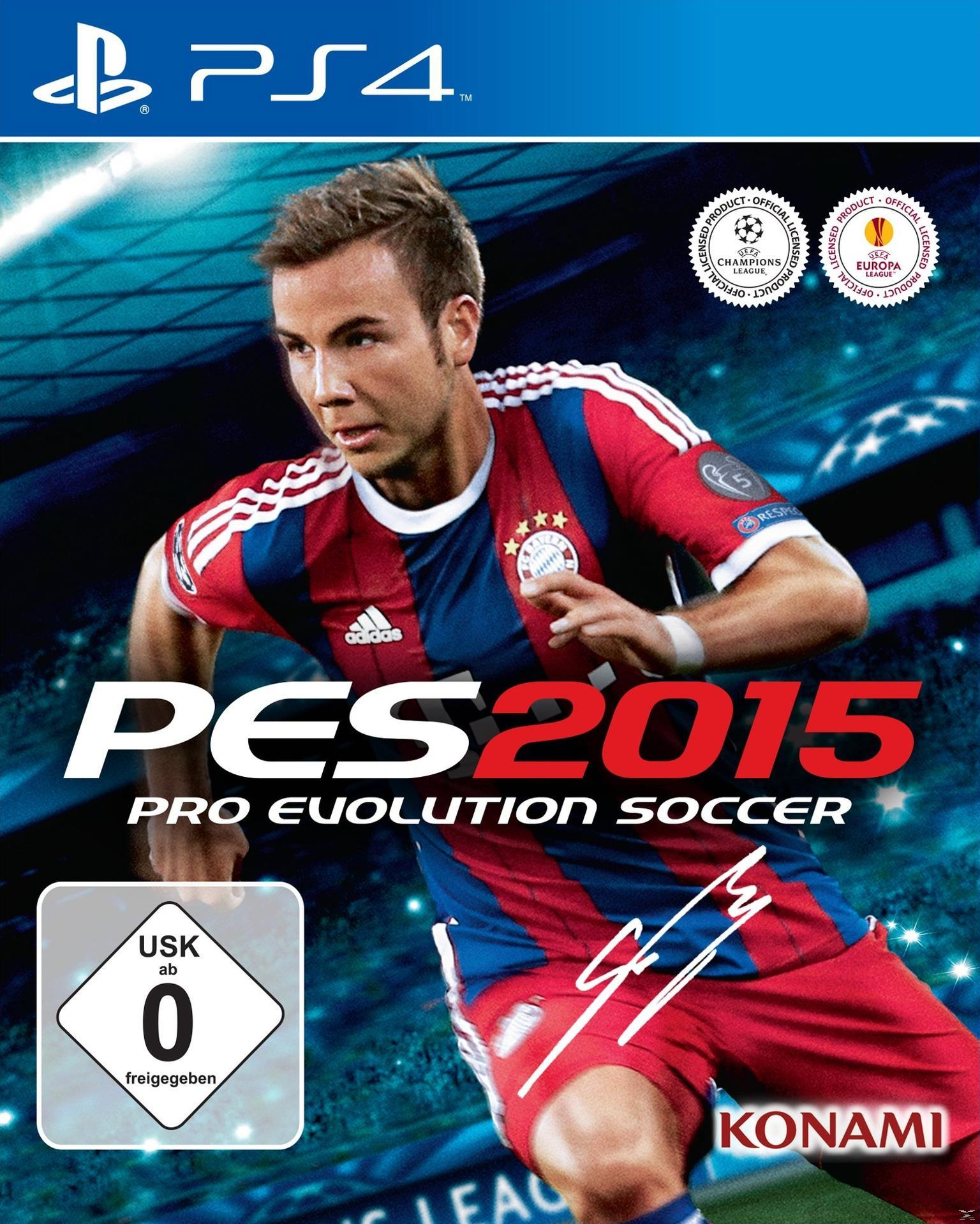 Ein PS4-Spielcover mit einem Fußballspieler, dem Spieltitel 'PES 2015' und dem Logo des Spiels.
