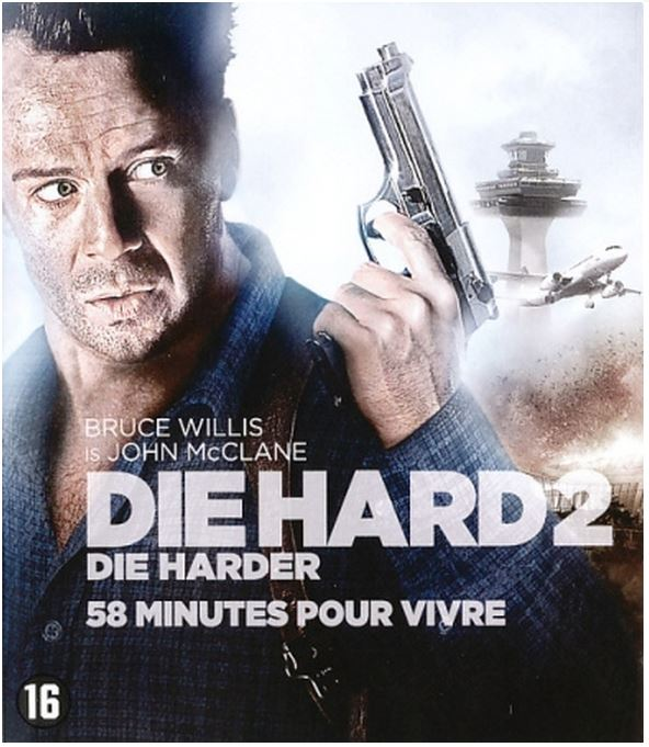 Filmposter voor Die Hard 2. Bruce Willis met een pistool en een luchthaven op de achtergrond.