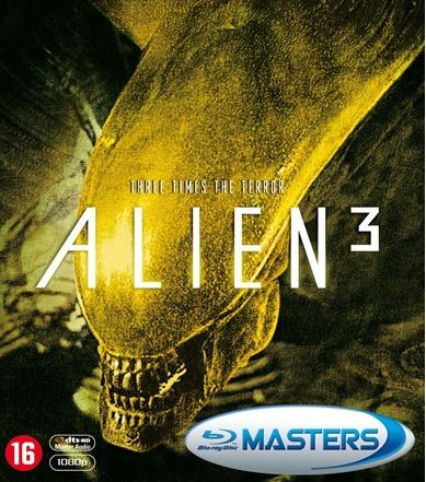 Alien 3 Blu-ray-hoes. Toont het hoofd van de alien en de titel. Tekst: Drievoudige terreur.