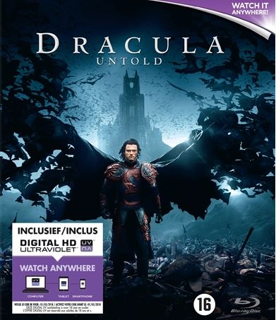 Couverture Blu-ray Dracula Untold avec un homme, château et chauves-souris.